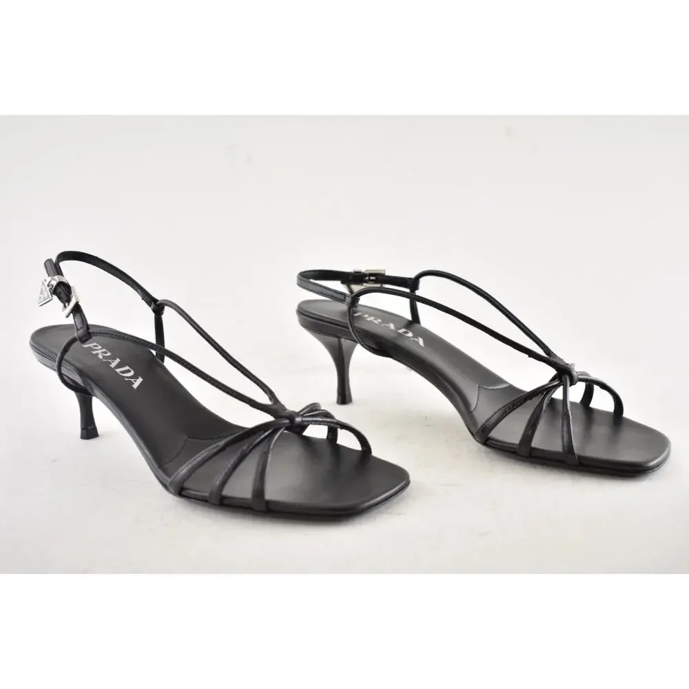 Prada Capretto Strappy 55mm Black Leather Slingback Sandal Mule Kitten Heel 38.5 - Picture 4 of 16